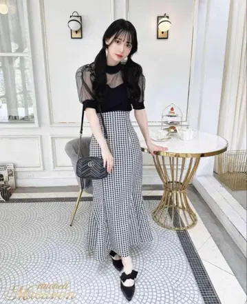 미셸 마카롱 깅엄 체크 머메이드 스커트