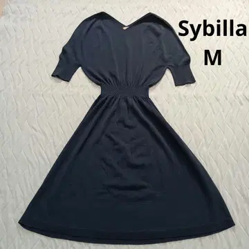 시빌라 허리밴딩 롱 원피스 썸머 니트 오부 소매 네이비