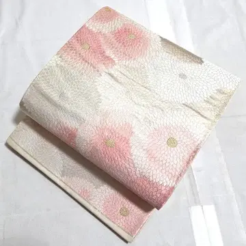 A 국화꽃 무늬 금은사 화이트 연핑크 순수 실크 포멀한 후쿠로 오비 O7