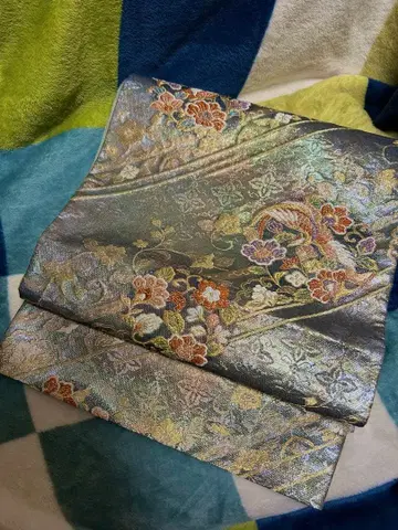 인박쿠 순수 실크 육통 후쿠로 오비 사선 줄무늬와 봉황