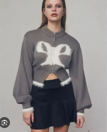 EMODA 니트 스웨터 믹스 샤기 로고 지퍼 탑