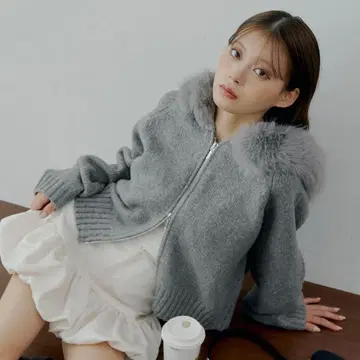 [ SALON by Chico ] 후드 퍼 W 지퍼 니트 가디건