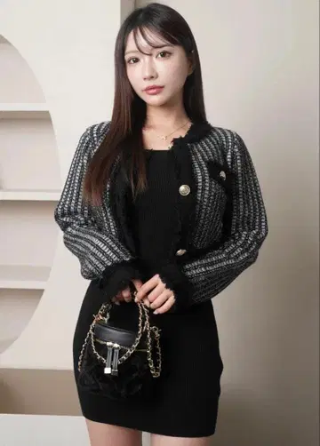 LIPSERVICE 프린지 트위드 앙상블 니트 원피스