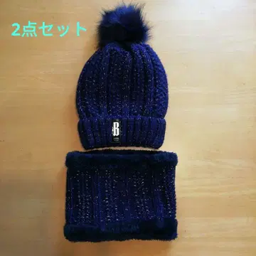 G-STONE 폼폼 네이비 니트 모자 라메 넥워머 2세트
