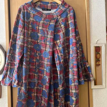 플레어 슬리브 빨파 체크 무늬 원피스