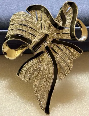 빅 사이즈 귀여운 존재감 대 반짝이는 리본 크리스탈 큐빅 브로치 빈티지