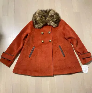 미사용 퍼 플레어 더블 브레스트 코트 오렌지 L