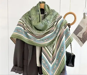 새상품 캐시미어 실크 대형 스톨 리버서블 캐시미어 실크 그린 브라운