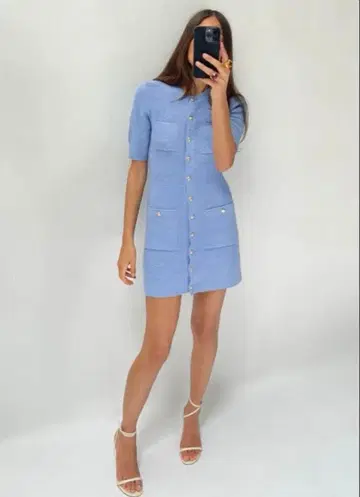 새상품급 ZARA 골드 버튼 니트 미니 원피스 L 사이즈 블루