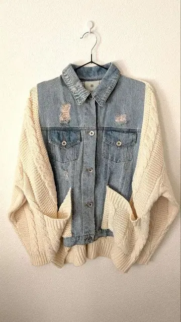 G 데님 자켓 니트 절개 이소재 레이어드