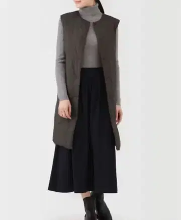 무인양품 경량 다운 포켓터블 노카라 롱 베스트 L 다크 브라운