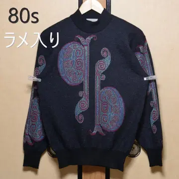 80s 라메 스웨터 니트 울 블랙 패턴 GAUGEONE 모크넥