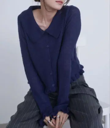 Bab 프릴 니트 가디건 네이비
