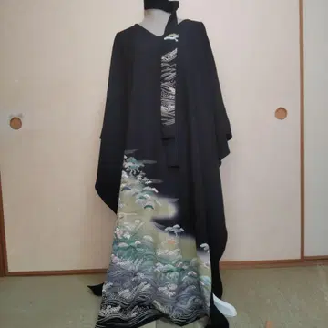 순수 실크 유젠 작가물 블랙 기모노 리메이크 롱 드레스 세미 오더