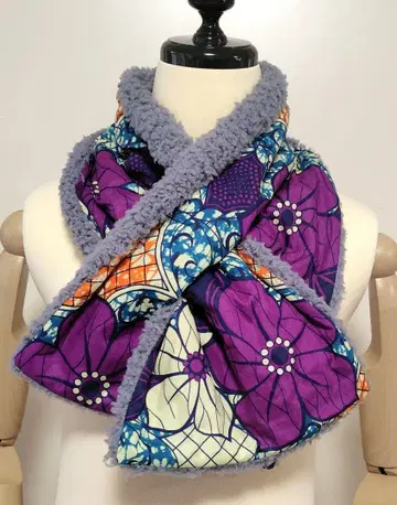 아프리카 천 퍼, 펀칭 머플러 [ 보라색 x 흰 꽃 ]
