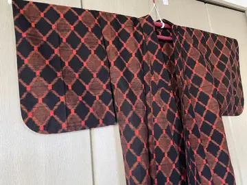 카스리 블랙 주황 격자 무늬 단의 기모노