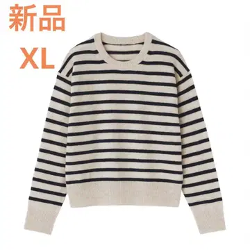 MUJI 세탁 가능한 울 미들 게이지 크루넥 스웨터 XL 오트밀 보더