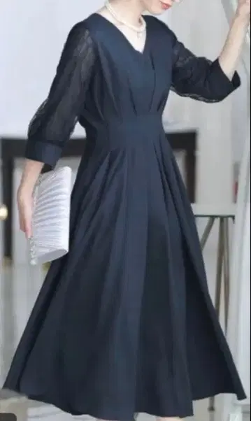 PourVous 롱 원피스 플리츠 7분 소매 네이비 S