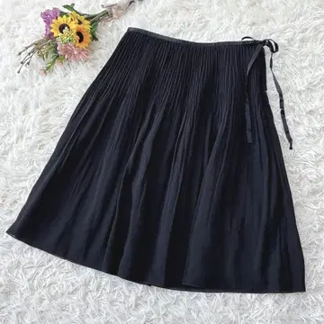 KLEIN D'OEIL 무릎 기장 플리츠 스커트 리본 실크 블랙 M