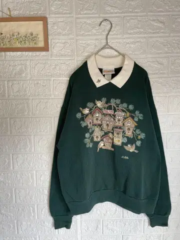 USA제 MORNING SUN 카라 부착 맨투맨 그린 새