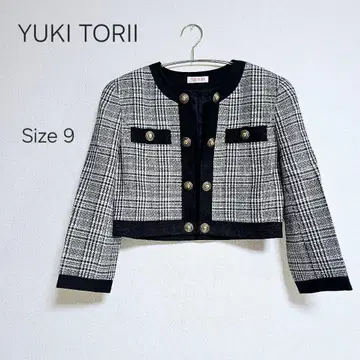 YUKI TORII 체크 무늬 트위드 노카라 자켓 겉옷