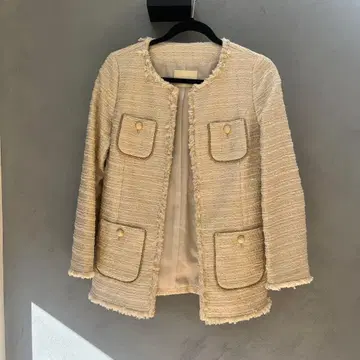 슬로브 이에나 아이보리 노카라 자켓 프린지 마감