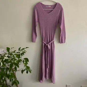 리브 편직 긴팔 니트 원피스 라벤더