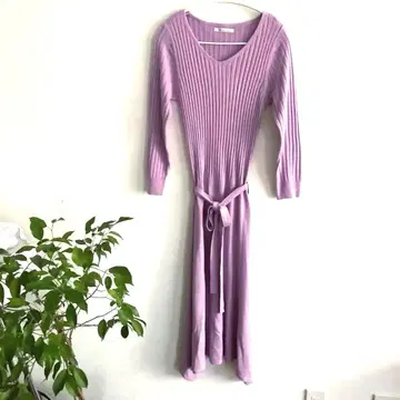 리브 편직 긴팔 니트 원피스 라벤더