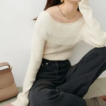 내추럴 꾸뛰르 플리츠 튤 카라 리브 니트 풀오버