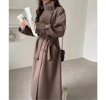 and me 페이크 울 스탠드 카라 롱 코트 브라운 M