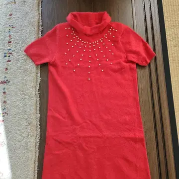 레드 터틀넥 반팔 니트