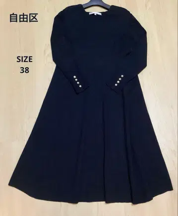 자유구 비스코스 울 니트 플레어 원피스 소매 골드 버튼 네이비