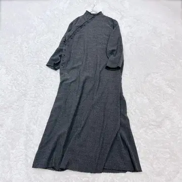 요건 레일 롱 원피스 모 100% 차이나 버튼 그레이 긴팔 플레어