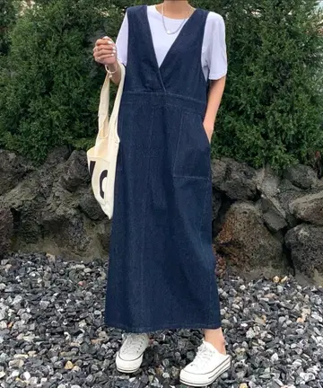 아비도쿄 데님 오버롤 스커트 V넥 살로펫