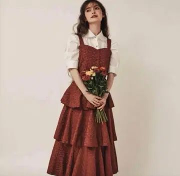 벽돌색 티어드 롱 원피스