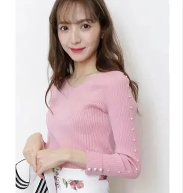 Rirandture 전후 2way 펄 소매 리브 니트 핑크