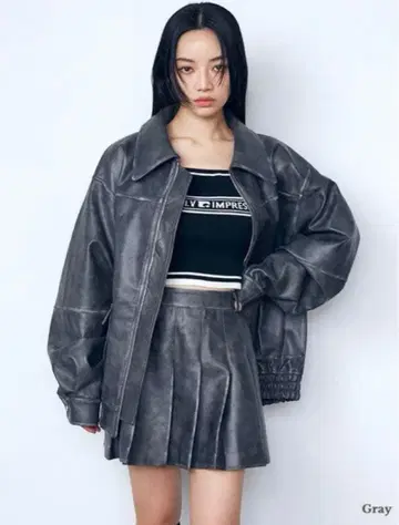 EMODA 에모다 빈티지 레더라이크 오버 블루종 그레이