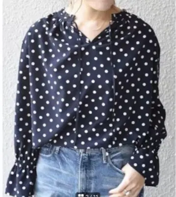 쉽스 도트 프릴 넥 2WAY 블라우스 네이비 리본 SHIPS
