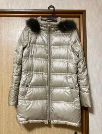 23구 퍼 포함 고급스러운 광택이 나는 베이지 다운 자켓 미디 기장