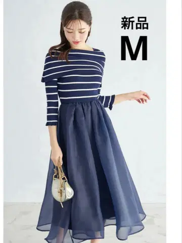 [ 새상품 ] 토코 클로젯 오프숄더 니트 x 오간자 도킹 원피스 네이비