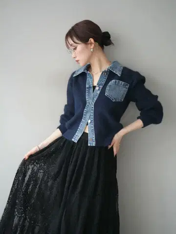 데님 옷깃 포켓 니트 가디건/네이비