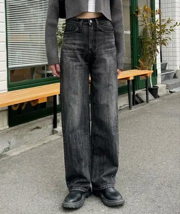 LE MORE 세미 와이드 스트레이트 데님 팬츠 블랙