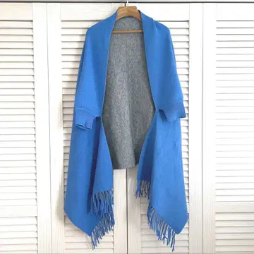 바이컬러 프린지 스톨 롱 스톨 가디건 블루