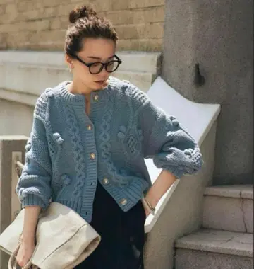 팝콘 니트 가디건 블루 야나기바시 유이