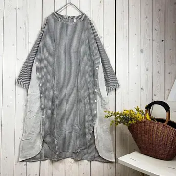 새상품 겨드랑이 버튼 원피스 스트라이프 코튼 린넨 아이보리 M~L