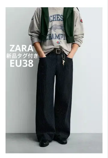 [ 완판템 ] ZARA CHAMPION 스트라이프 배기 핏 청바지 38
