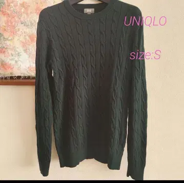 유니클로 코튼 캐시미어 다크 그린 짙은 녹색 둥근넥 케이블 니트 스웨터