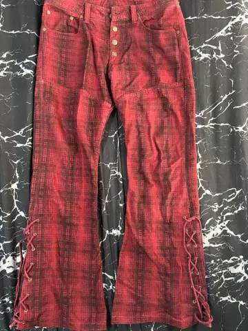 TORNADO MART 사이드 레이스업 체크 무늬 플레어 보르도 팬츠