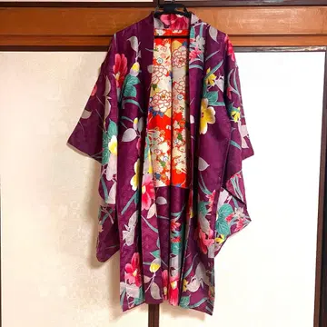 실크 앤티크 보라색 꽃무늬 긴 겉옷