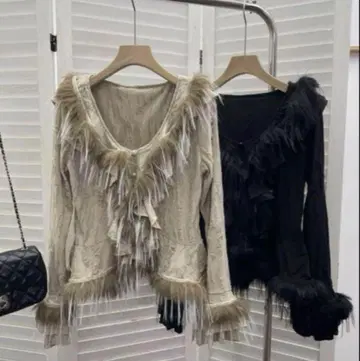 페어리 그런지 퍼 가디건 브라운 프릴 퍼 긴팔 상의